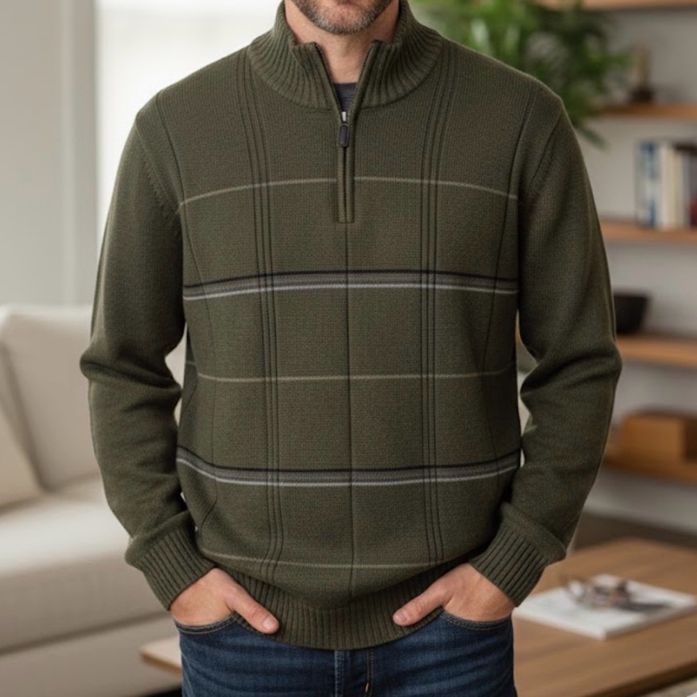 Oscar de la Renta Men’s 1/4 Zip Pullover Sweater Olive Green Stripe Mock neck XL